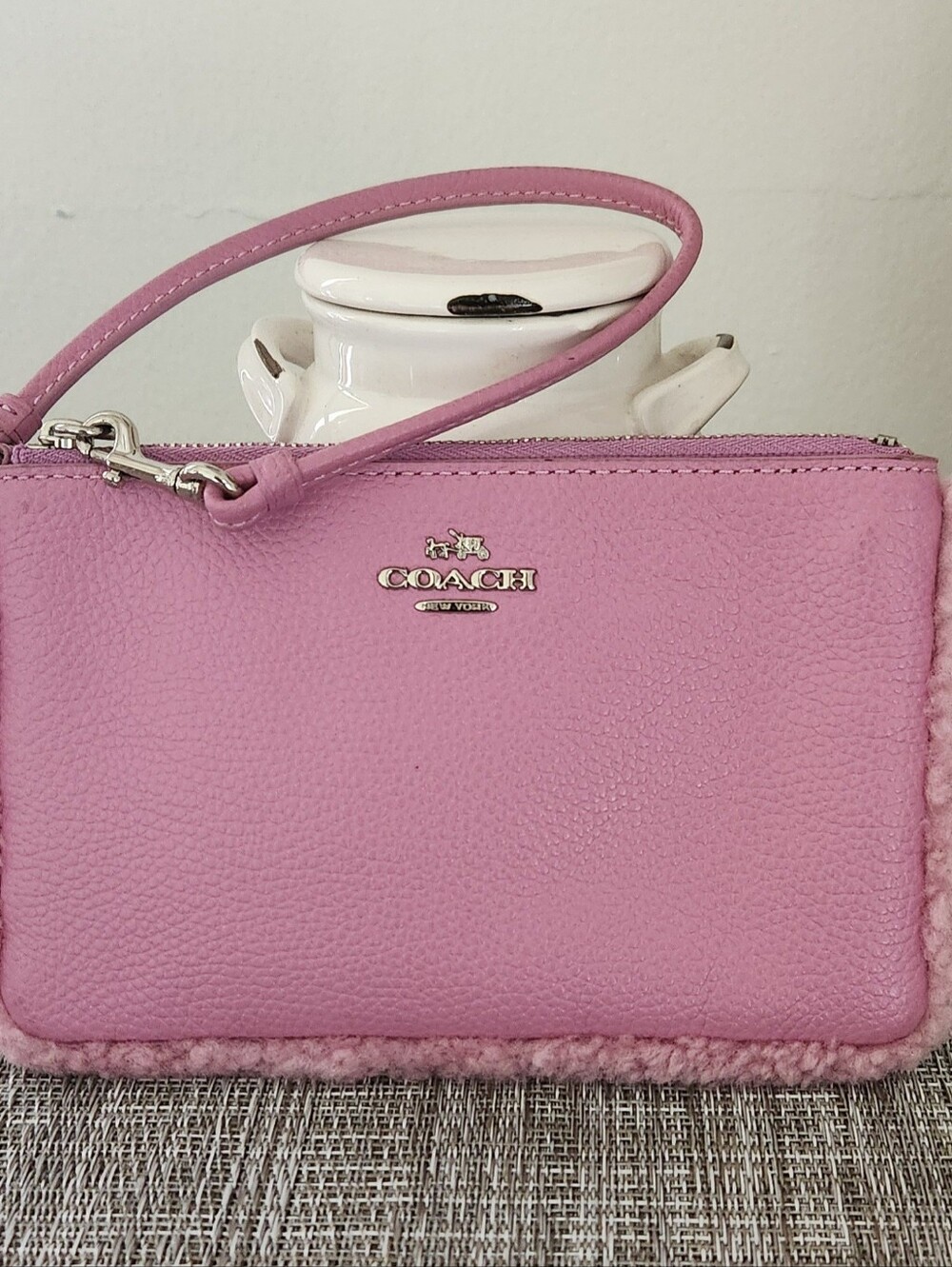Coach Pink Leather Shearling-Trim Wristlet